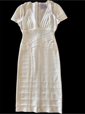Herve Leger Alabaster Bandage V-Neck Bodycon Dress “Alana”